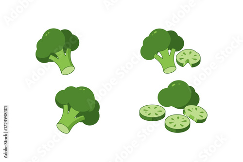 Green vegetables: cartoon broccoli and cucumber pieces on white background