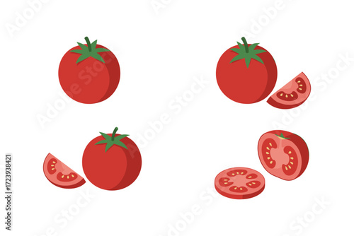 Set of fresh tomatoes in minimalist flat design with sliced variations