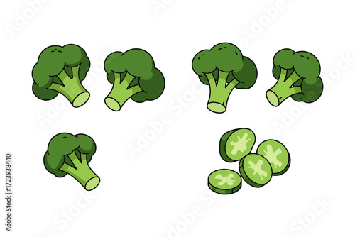 Cartoon broccoli and zucchini slices set on white background