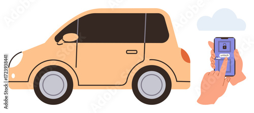 Hands holding smartphone with app unlocking car via digital key. Ideal for car technology, mobility, innovation, remote control, IoT, safety, and convenience themes. Simple flat metaphor