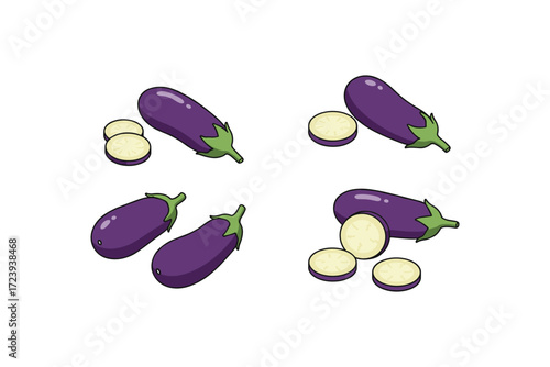 Colorful eggplant illustrations with slices on white background for culinary design