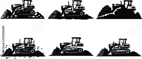 Bulldozer loader construction machinery silhouettes pushing dirt rocks soil heavy equipment earthmoving industrial vehicles vector illustration engineering design