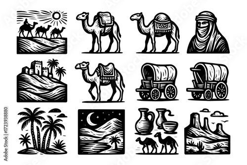 Desert silhouette icons: camels, caravans, oasis, and landscapes