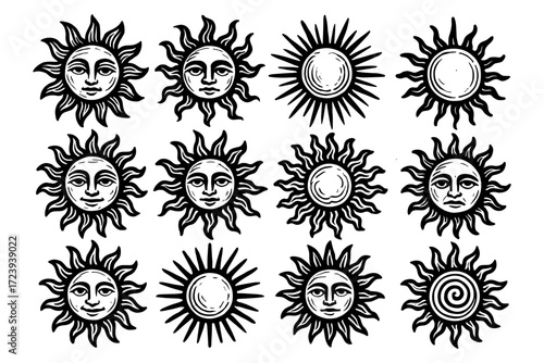 Hand-drawn sun icons collection: vintage line art for creative designs