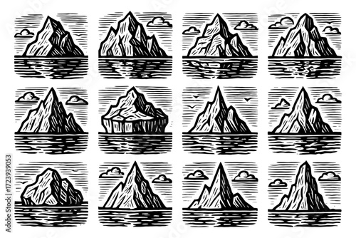 Set of hand-drawn icebergs with ocean waves and stylized clouds in monochrome