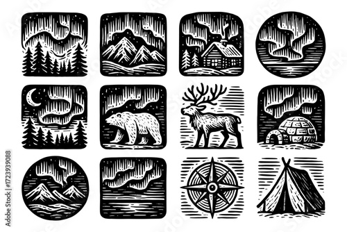 Rustic hand-drawn nature scenes with northern lights and wilderness animals
