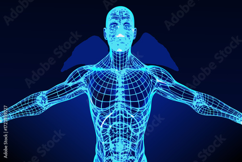 Futuristic blue wireframe human body glowing with digital data, representing artificial intelligence, technology, and the human form in cyberspace