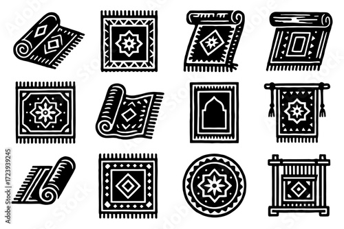 Black and white carpet icons: traditional geometric patterns and decorative borders