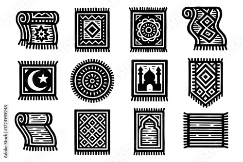 Set of geometric ornamental rugs in black and white linear style