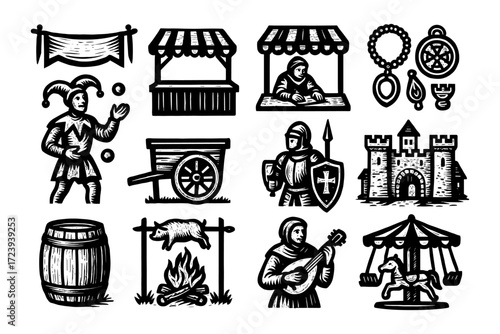 Medieval festival icons featuring jester, knights, and market stalls in woodcut style