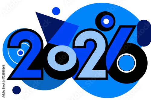 Abstract blue geometric shapes and circles forming the year 2026 in a modern, stylized design with a dark blue background