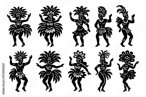 Silhouette dance figures in traditional costume with tribal elements