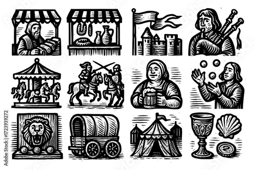 Medieval festival icons in vintage woodcut style featuring knights, music, and juggling