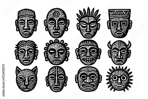 Tribal mask collection in hand-drawn style with cultural and artistic designs