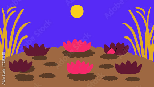 A serene night scene with blooming lotus flowers under a full moon, surrounded by tall reeds and calm water, evoking a sense of peace and natural beauty