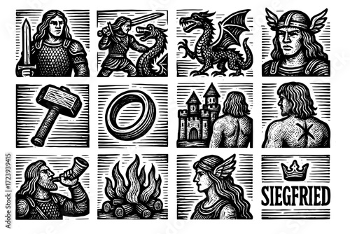 Detailed medieval woodcut art featuring mythical creatures and warriors