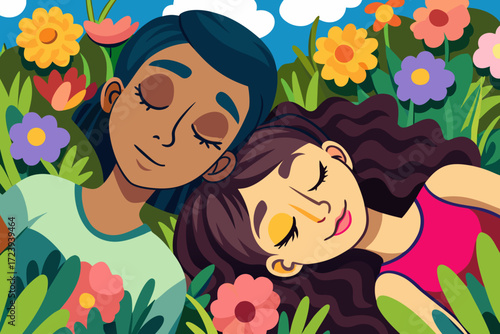 Two young women resting peacefully in a field of colorful flowers, enjoying a moment of serene connection and nature