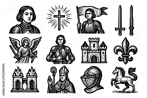Medieval icon set with knights, castles, and heraldry symbols in monochrome vintage style
