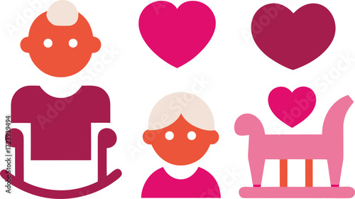 Grandparents day icon collection featuring rocking chair baby and hearts vector art vector