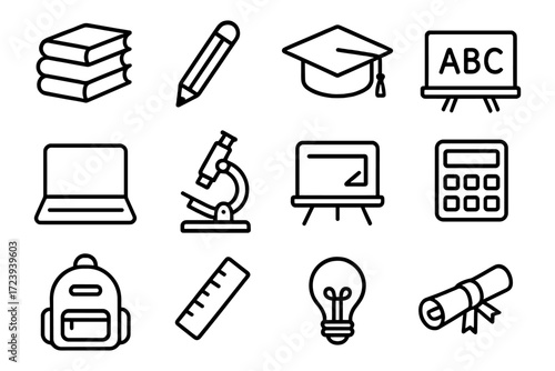 Education icons collection: school supplies, technology, and learning tools