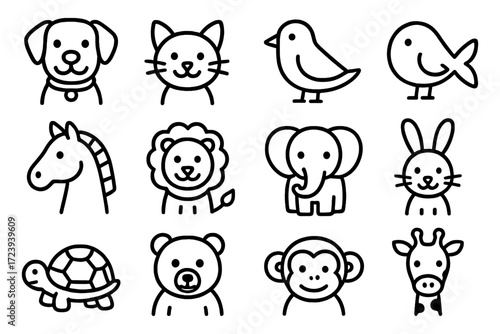 Cute animal icons set: line art heads of pets and wildlife for kids