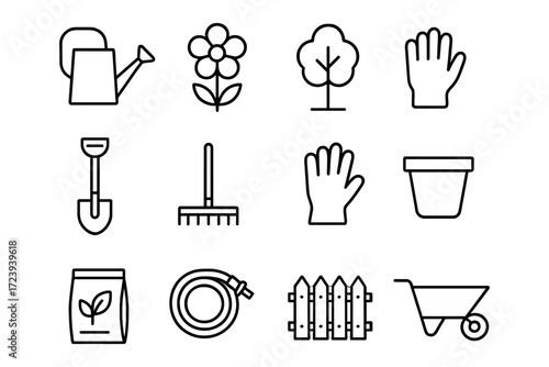 Minimalistic gardening icons: tools, plants, and accessories in linear style