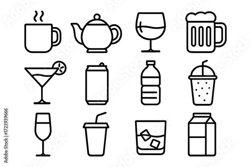 Minimalist drink icons set featuring coffee, beer, wine, and juices in black linear style