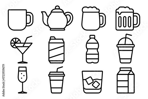 Minimalist beverage icons set featuring mugs, bottles, and cups