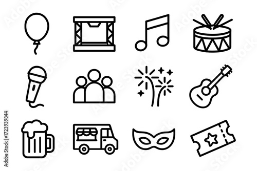 Line art icons for festival and entertainment themes