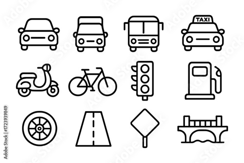 Transport icons set with linear vehicles and traffic symbols