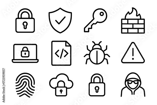 Cybersecurity icons set featuring lock, firewall, and hacker in modern linear style