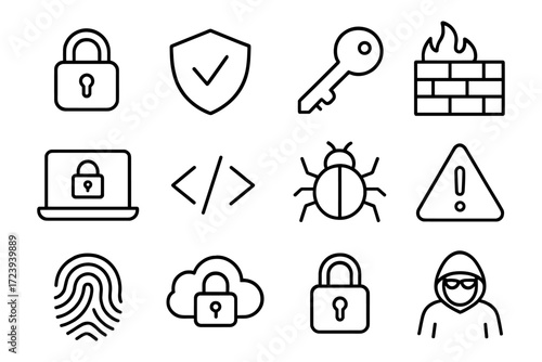 Cybersecurity icons set in linear style featuring locks, firewall, hacker, shield, cloud, bug, and key