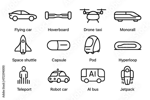 Futuristic transport icons featuring flying cars, hoverboards, and drone taxis