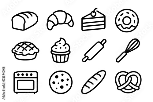 Set of linear bakery icons featuring bread, pastries, and baking tools for culinary design