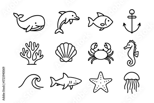 Marine creatures and nautical icons in minimalist line art style