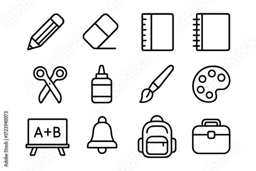 Minimalist school supplies icons set: pencils, notebooks, scissors, and more in black and white line art