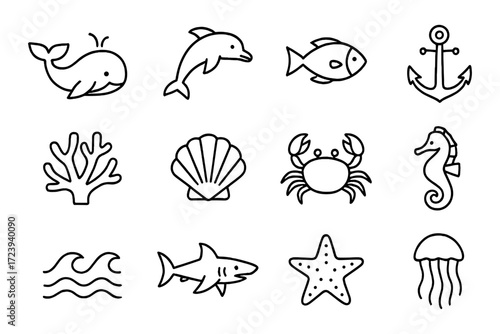 Set of nautical and marine life line art icons
