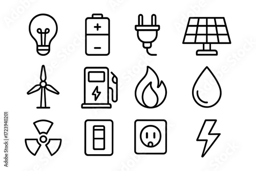 Energy icon set: renewable, electrical, and power symbols in a minimalist design