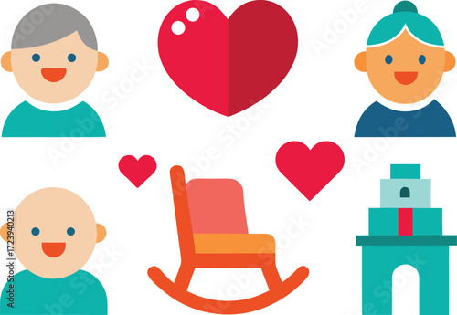 Grandparents day vector icons collection featuring happy elders family love and rocking chair vector