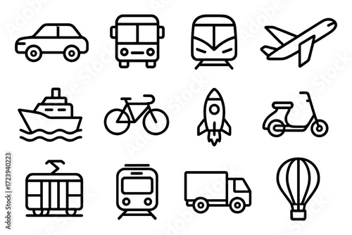 Simple linear icons of various transportation modes in black and white