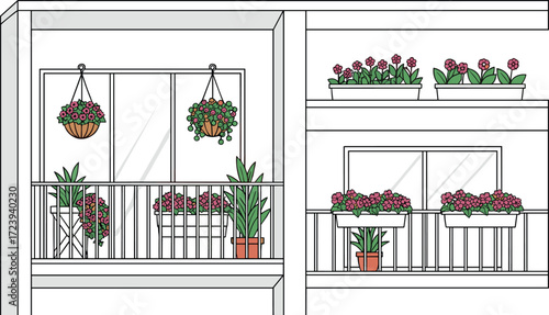 Urban balcony garden with vibrant flowers, potted plants, hanging baskets, cozy furniture, and lush greenery in a city apartment setting.