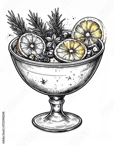 Decorative Glass Bowl Filled with Lemon Slices and Greenery on White Background