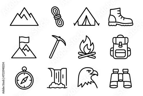Outline icons of outdoor adventure equipment and nature elements