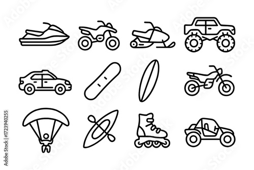 Outdoor adventure icons set in minimalist linear style