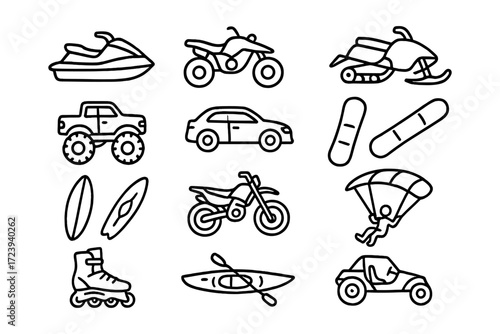 Adventurous vehicles and sports icons in modern linear style
