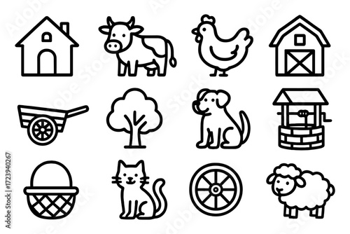 Simple farm icons featuring animals, buildings, and equipment in a clean black outline style