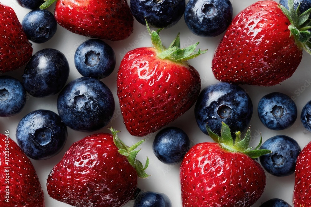 Obraz premium Fresh strawberries and blueberries arranged on a white surface