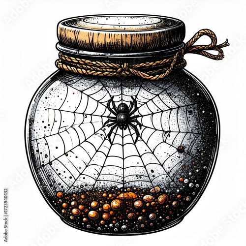 Glass Jar with Spiderweb and Tiny Golden Spheres in Dark Artistic Illustration