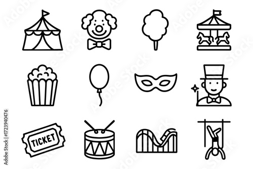 Circus icons: clowns, tents, and carnival fun in simple line art