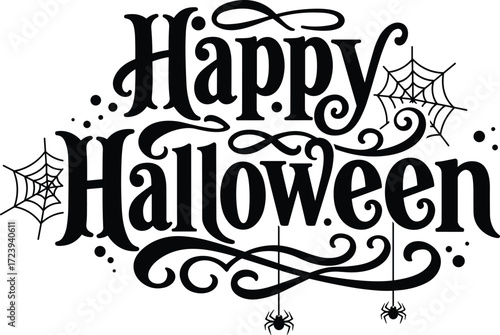 Happy Halloween typography, spooky Halloween lettering, creepy spider web design, scary text art, haunted decoration, gothic Halloween font, horror style festive lettering